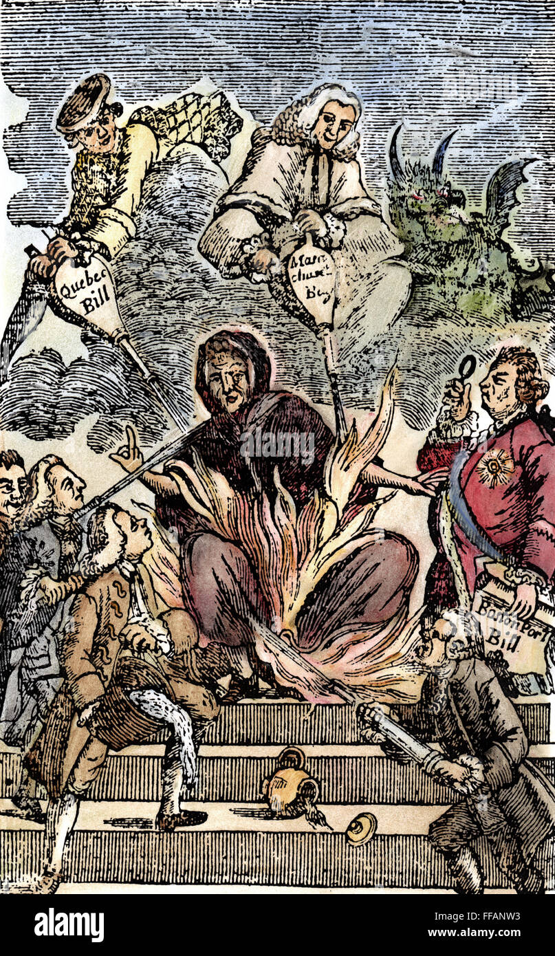INTOLERABLE ACTS, 1774. /nThe Intolerable Acts fan the flames already burning in Britain's American colonies while others work to put out the fire, as King George III observes at right: colonial American cartoon, c1774. Stock Photo
