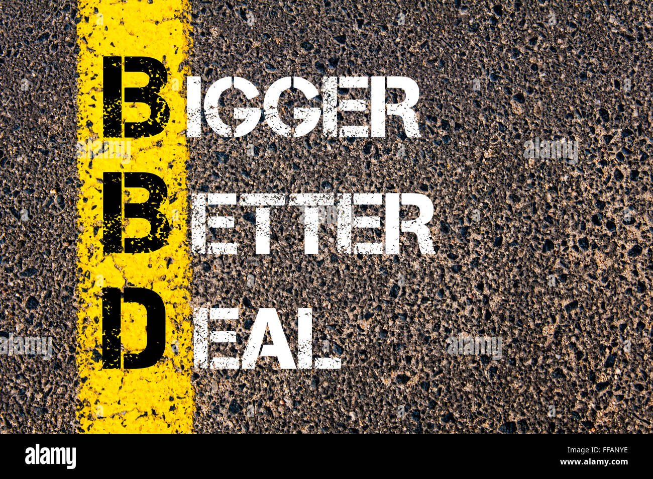 Concept image of Business Acronym BBD Bigger Better Deal written over road  marking yellow paint line Stock Photo - Alamy