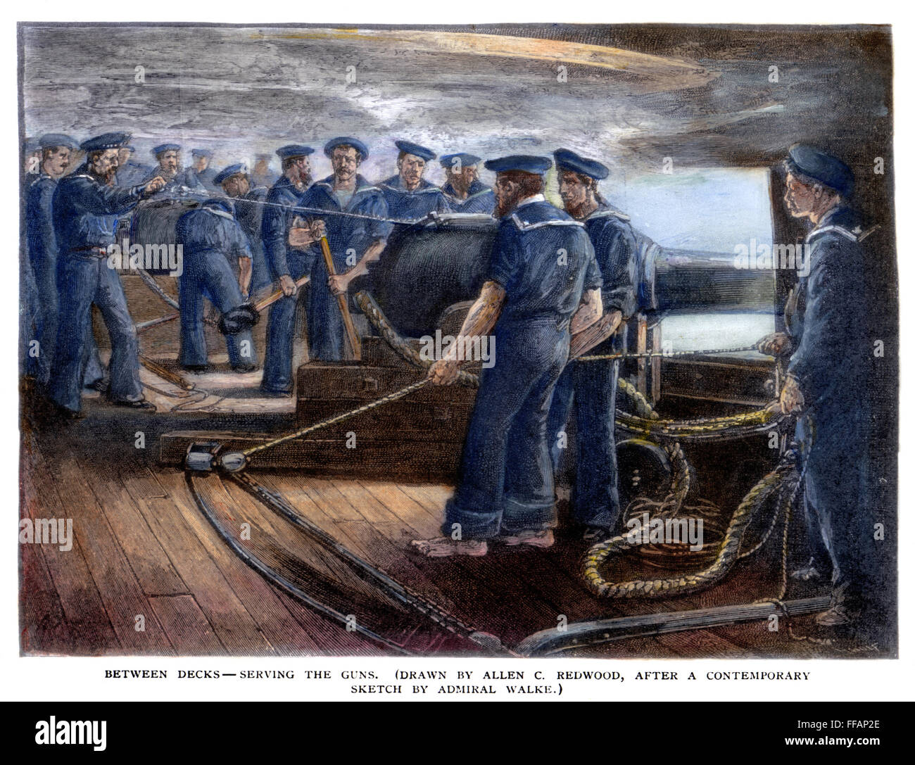 CIVIL WAR: UNION SAILORS. /nBetween decks of a Union gunboat during the American Civil War: wood engraving, 1885, after a contemporary sketch by Rear Admiral Henry Walke (1809-1896). Stock Photo
