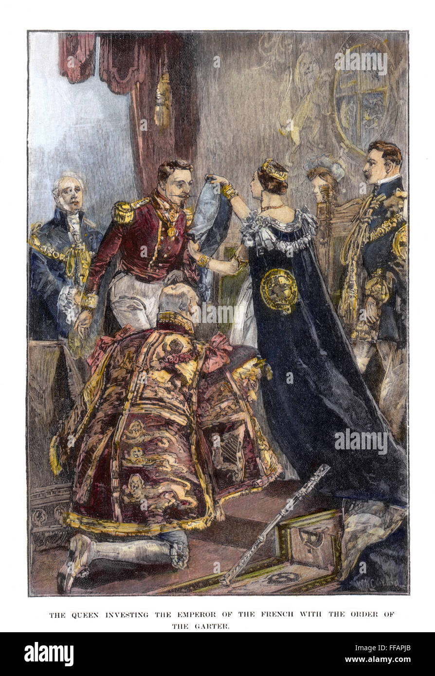 VICTORIA & NAPOLEON III. /nQueen Victoria's investiture of Emperor Napoleon III of France as Knight of the Garter, at Windsor Castle, 18 April 1855: wood engraving, late 19th century. Stock Photo