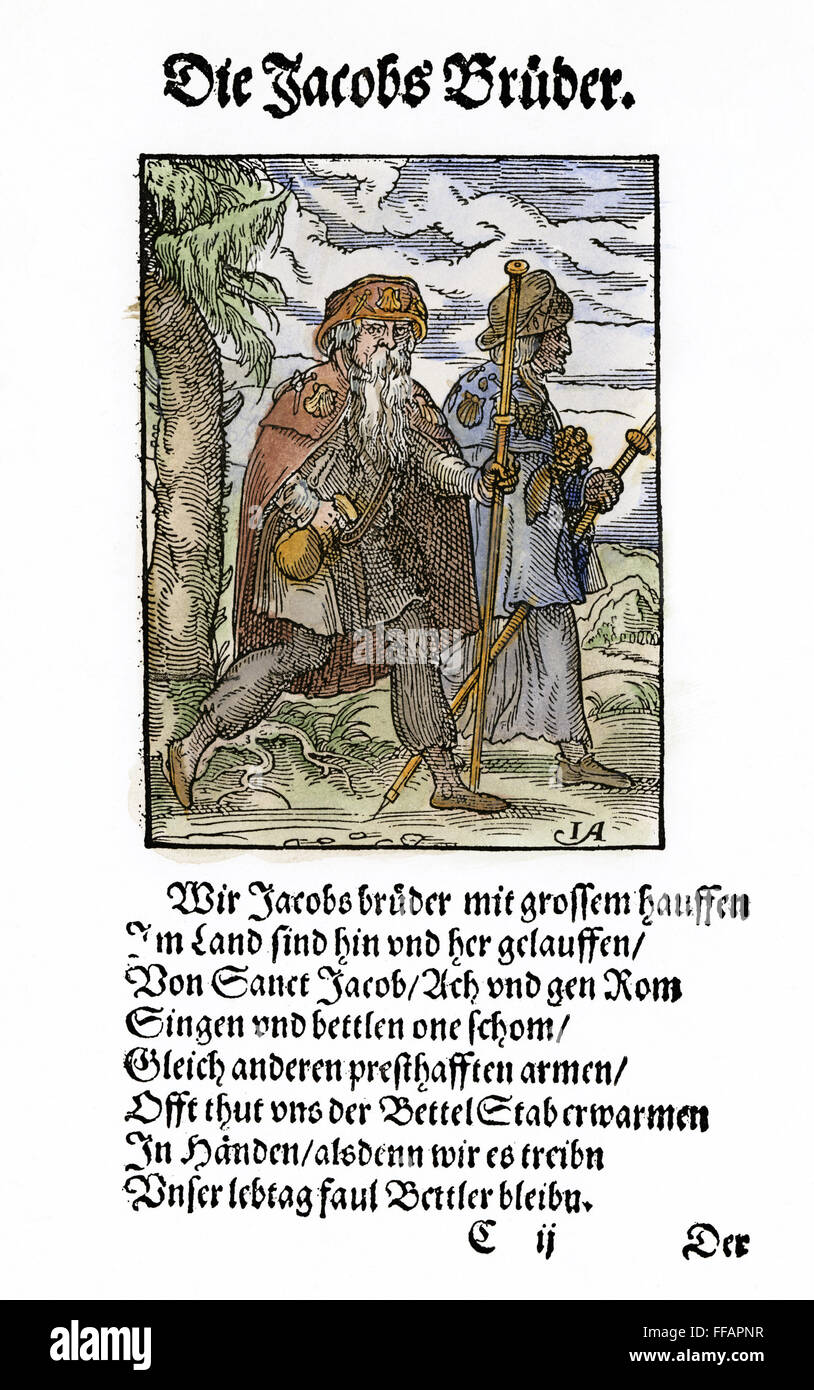 ST. JAMES PILGRIMS, 1568. /nA pair of singing beggars, known as 'brothers of St. James,' on a pilgrimage to the shrine of St. James at Compostela, Spain. Woodcut, 1568, by Jost Amman. Stock Photo