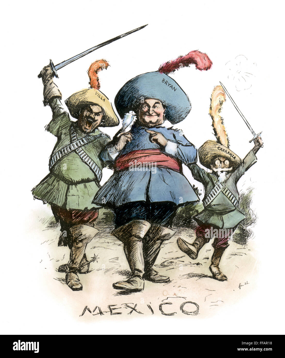 BRYAN CARTOON, c1914. /nU.S. Secretary of State William Jennings Bryan depicted as one of the Three Musketeers, together with Mexican revolutionary leaders Francisco 'Pancho' Villa (left) and Venustiano Carranza. American cartoon, c1914. Stock Photo