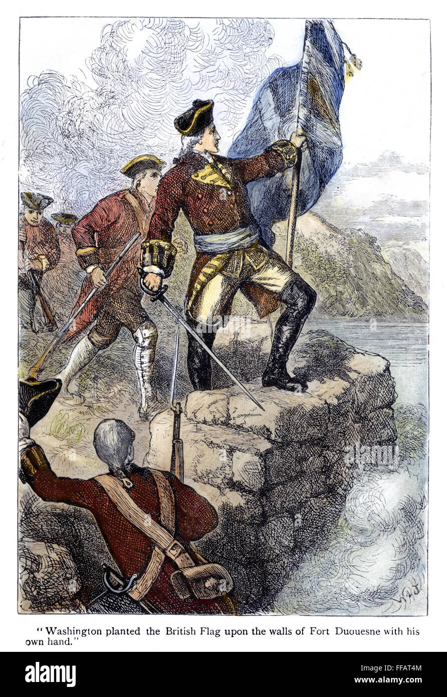 FORT DUQUESNE, 1758. /nColonel George Washington of the Virginia militia planting the British flag at Fort Duquesne (rebuilt as Fort Pitt), November 1758: wood engraving, late 19th century. Stock Photo