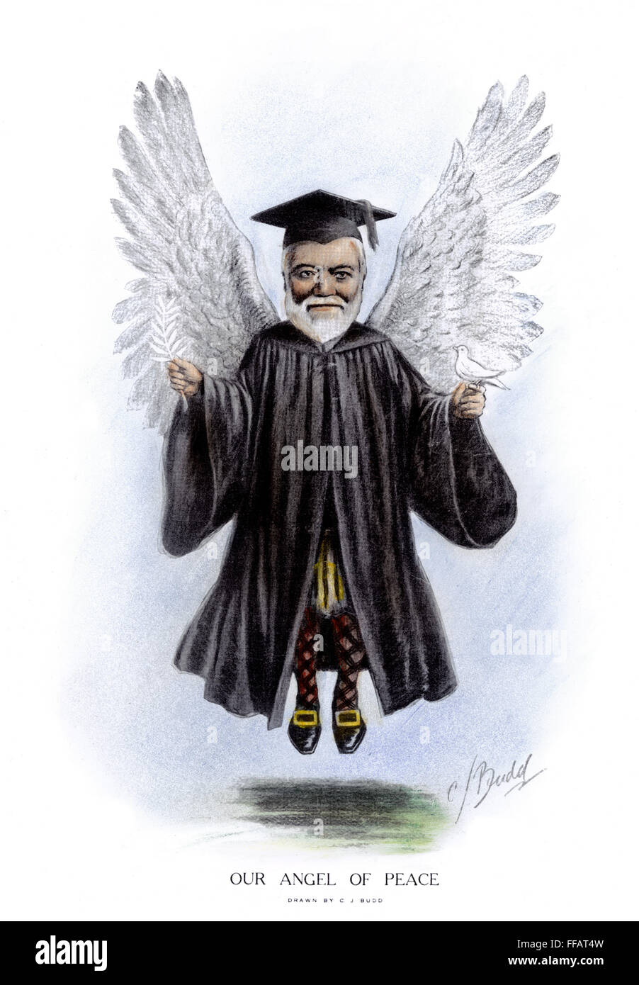 ANDREW CARNEGIE (1835-1919). /nAmerican (Scottish-born) industrialist and humanitarian. Cartoon by C.J. Budd, 1913, on Carnegie's founding of the Carnegie Endownment for International Peace. Stock Photo