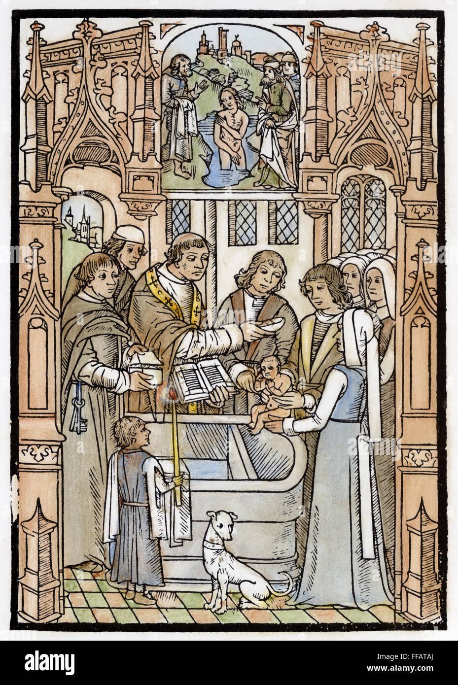 BAPTISM, 1492. /nWoodcut from 'L'Art de bien Vivre et de bien Mourir', published at Paris, 1492. Stock Photo