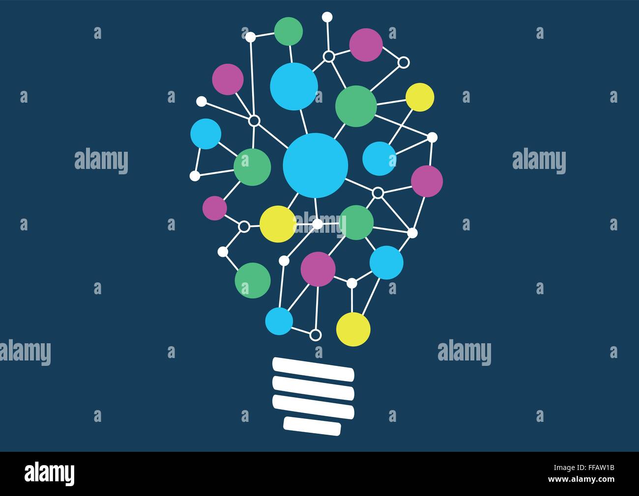 Vector illustration of light bulb with network of different objects or ideas. Concept of ideation or creativity. Stock Vector