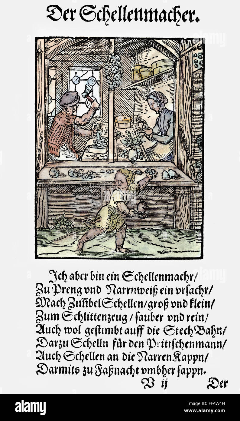 BELL MAKER, 1568. /nA maker of small bells, to be used for such items as tambourines, sleighs, and fools' caps. Woodcut, 1568, by Jost Amman. Stock Photo