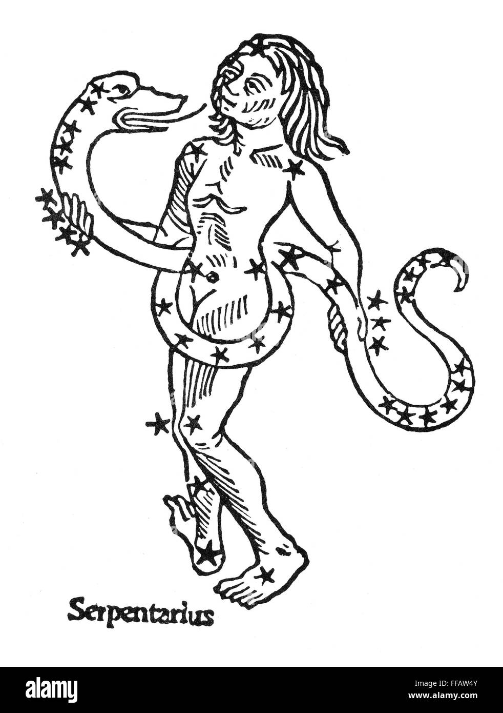 CONSTELLATION: OPHIUCHUS. /nPersonification of Ophiuchus (Serpentarius). Woodcut from Gaius Julius Hyginus' 'Poeticon Astronomicon,' Venice, Italy, 1482. Stock Photo