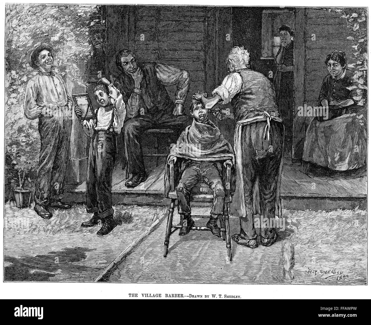 THE VILLAGE BARBER, 1883. /nAmerican wood engraving. Drawn by William