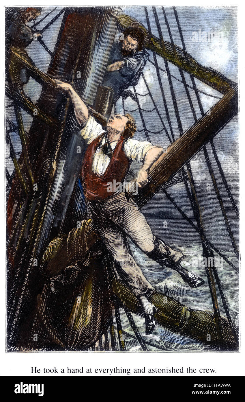 VERNE: AROUND THE WORLD. /nPassepartout in the rigging of the steamer 'Rangoon': wood engraving after a drawing by LΘon Benett from an 1873 edition of Jules Verne's 'Around the World in Eighty Days'. Stock Photo