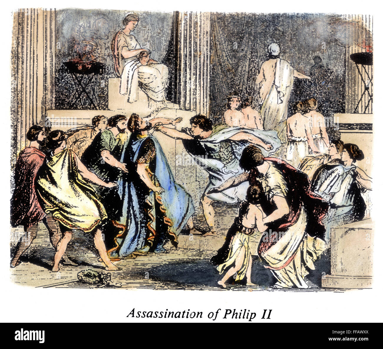 PHILIP II (382-336 B.C.). /nKing of Macedon, 359-336 B.C. The assassination of King Philip by one of his courtiers, Pausanias, allegedly incited by Philip's former wife Olympias, whom he had divorced to marry another. Line engraving, 19th century. Stock Photo
