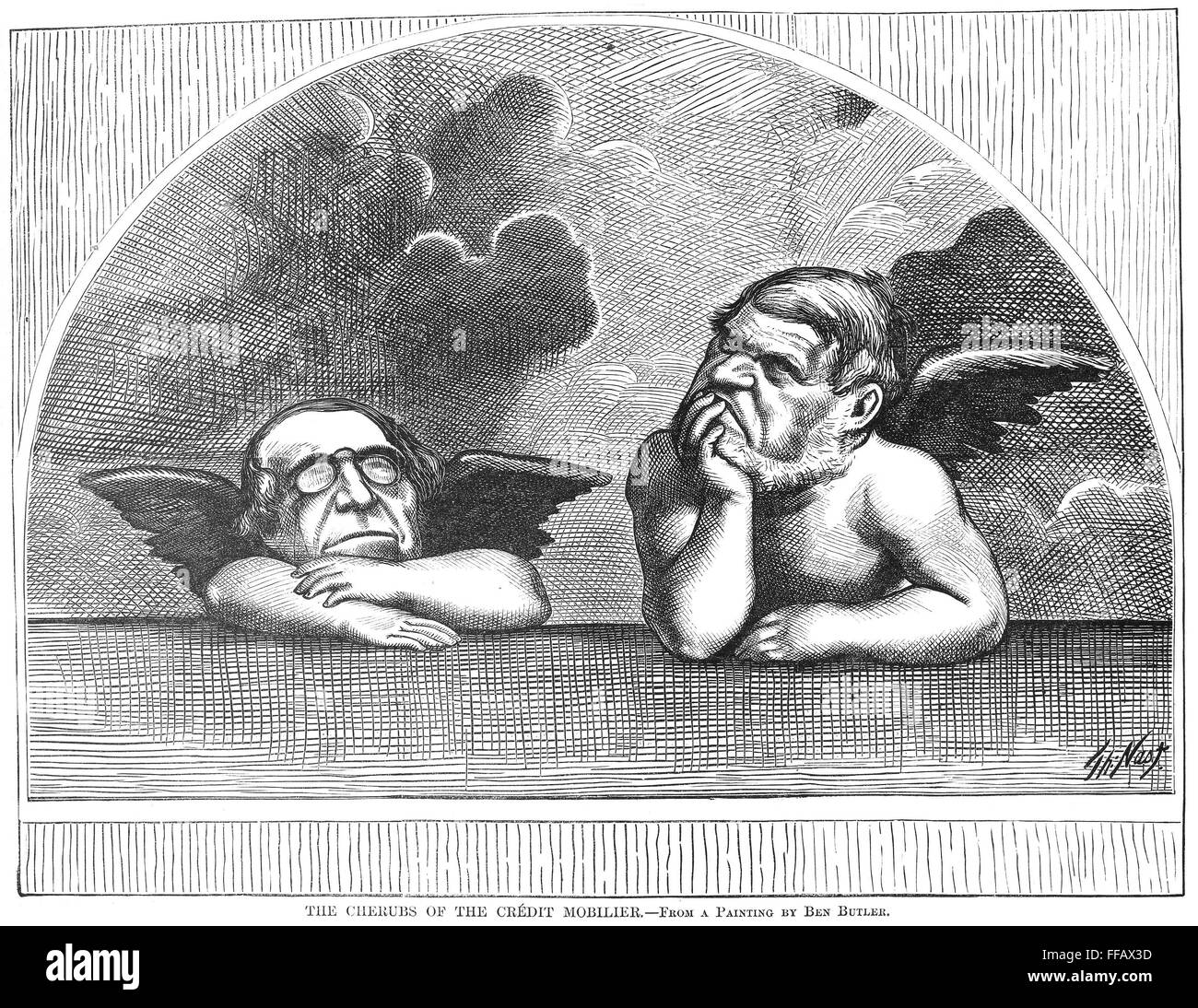 CREDIT MOBILIER SCANDAL. /n'The Cherubs of the Credit Mobilier.' Cartoon, 1873, by Thomas Nast on the censure by the House of Representatives of Congressman James Brooks of New York (left) and Oakes Ames of Massachusetts for their involvement in the Credi Stock Photo