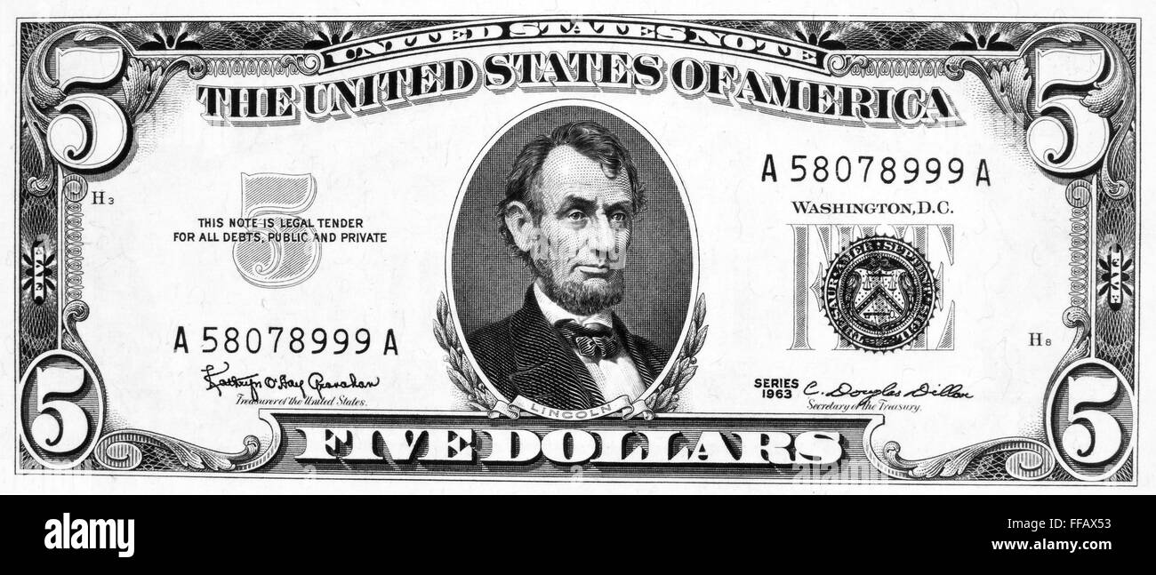 FIVE DOLLAR BILL. /nPresident Abraham Lincoln on the front of a U.S five dollar note, 1963 Stock