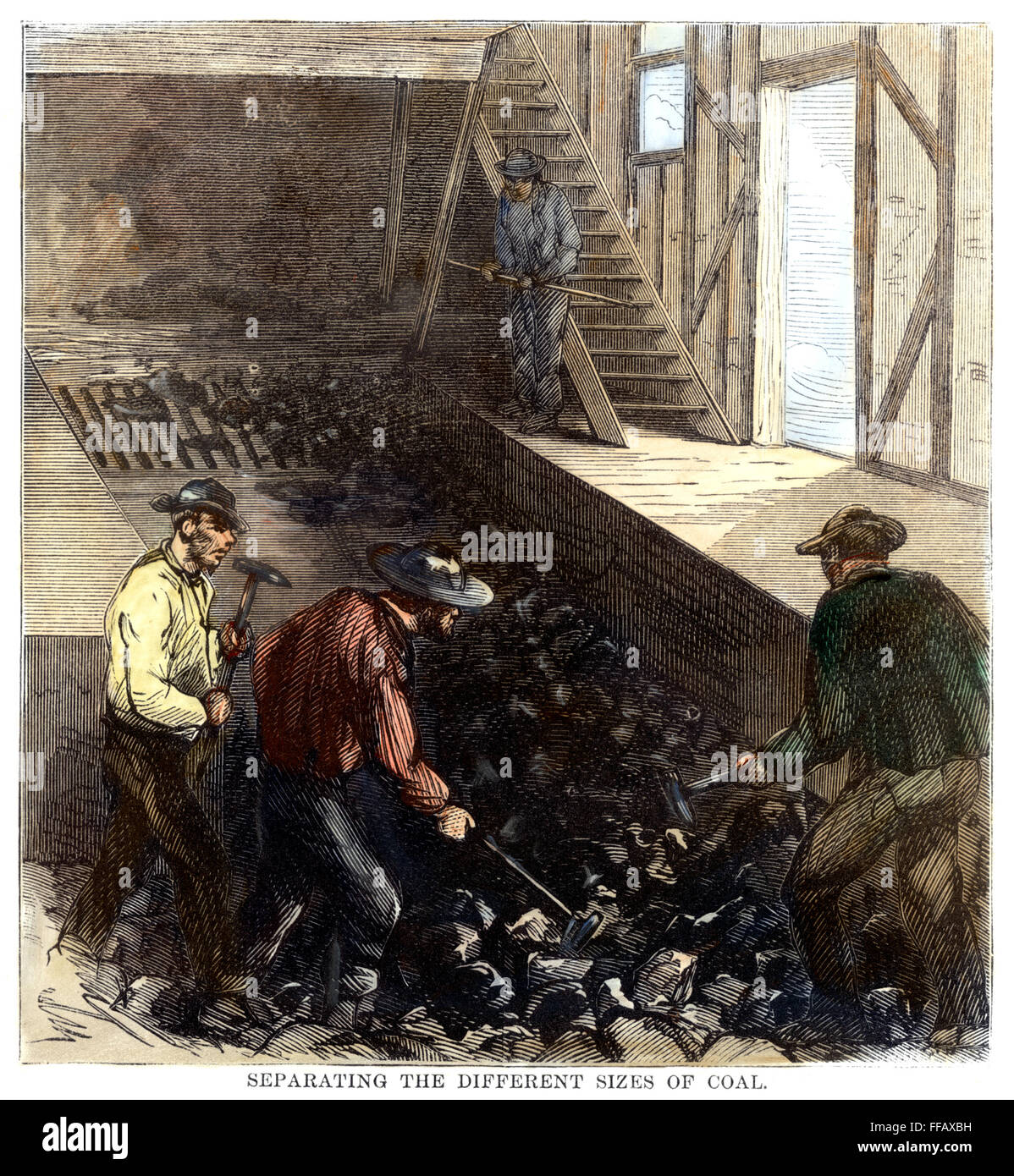 PENN.: COAL MINE, 1869. /nBreaking up large lumps of anthracite coal with hammers at the Honey Brook Mines, Pennsylvania: wood engraving, 1869. Stock Photo