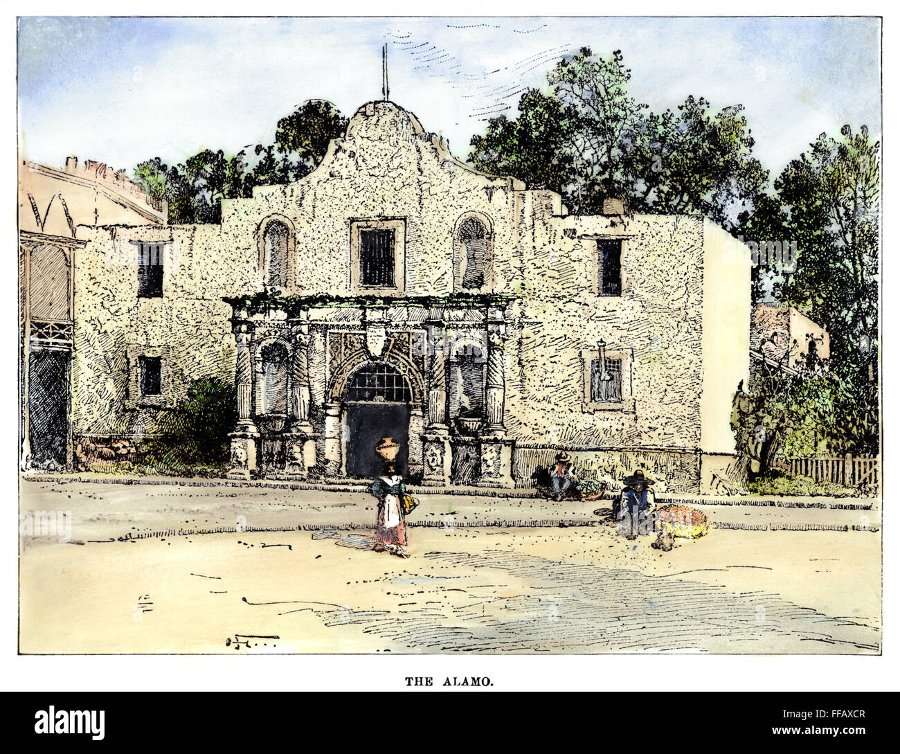 TEXAS: ALAMO, 1900. /nThe Alamo at San Antonio: colored line engraving, c1900. Stock Photo