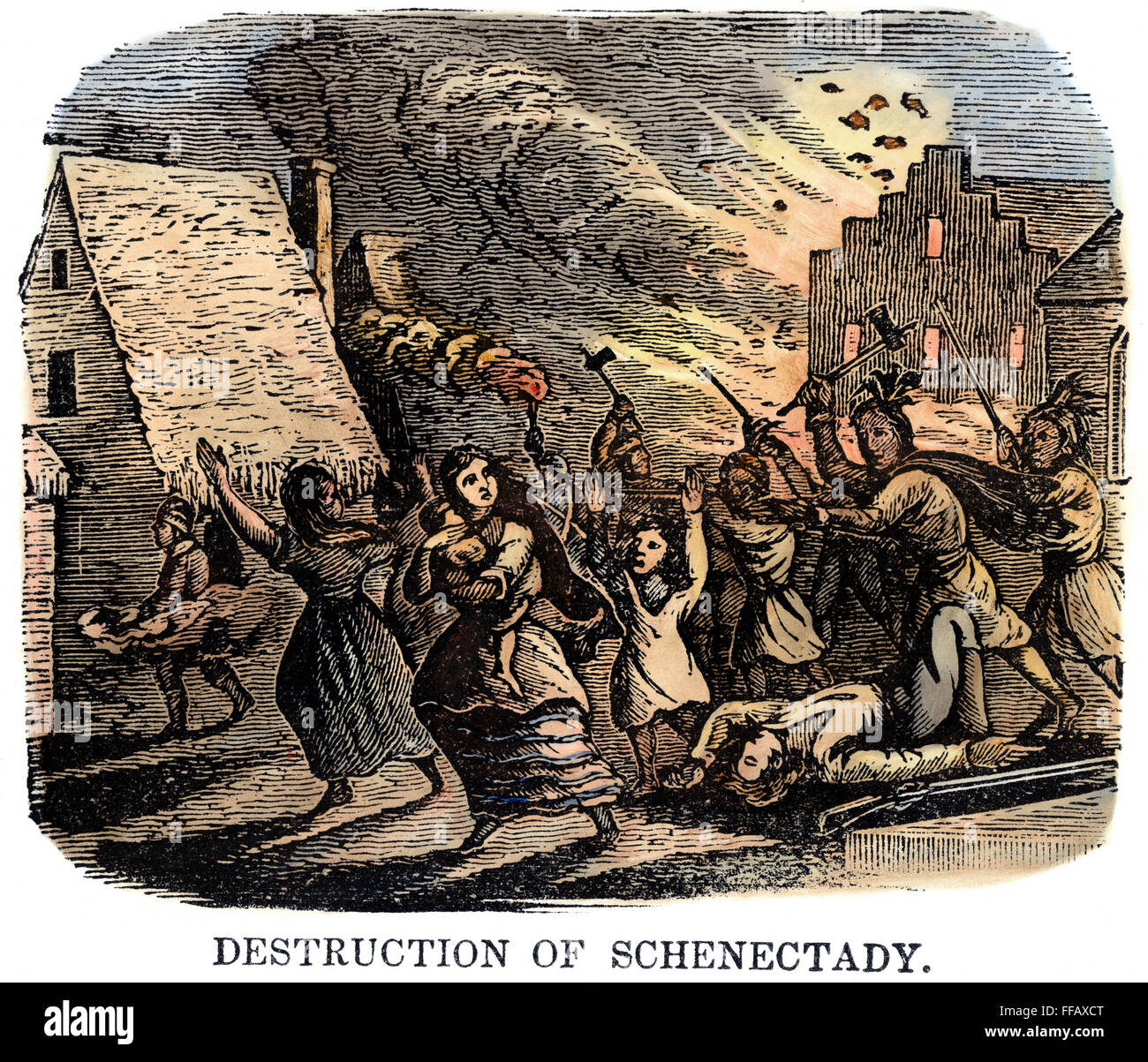 SCHENECTADY RAID, 1690. /nThe raid on the frontier settlement at Schenectady, New York by a French and Native American war party, 8-9 February 1690. Color wood engraving, c1850. Stock Photo