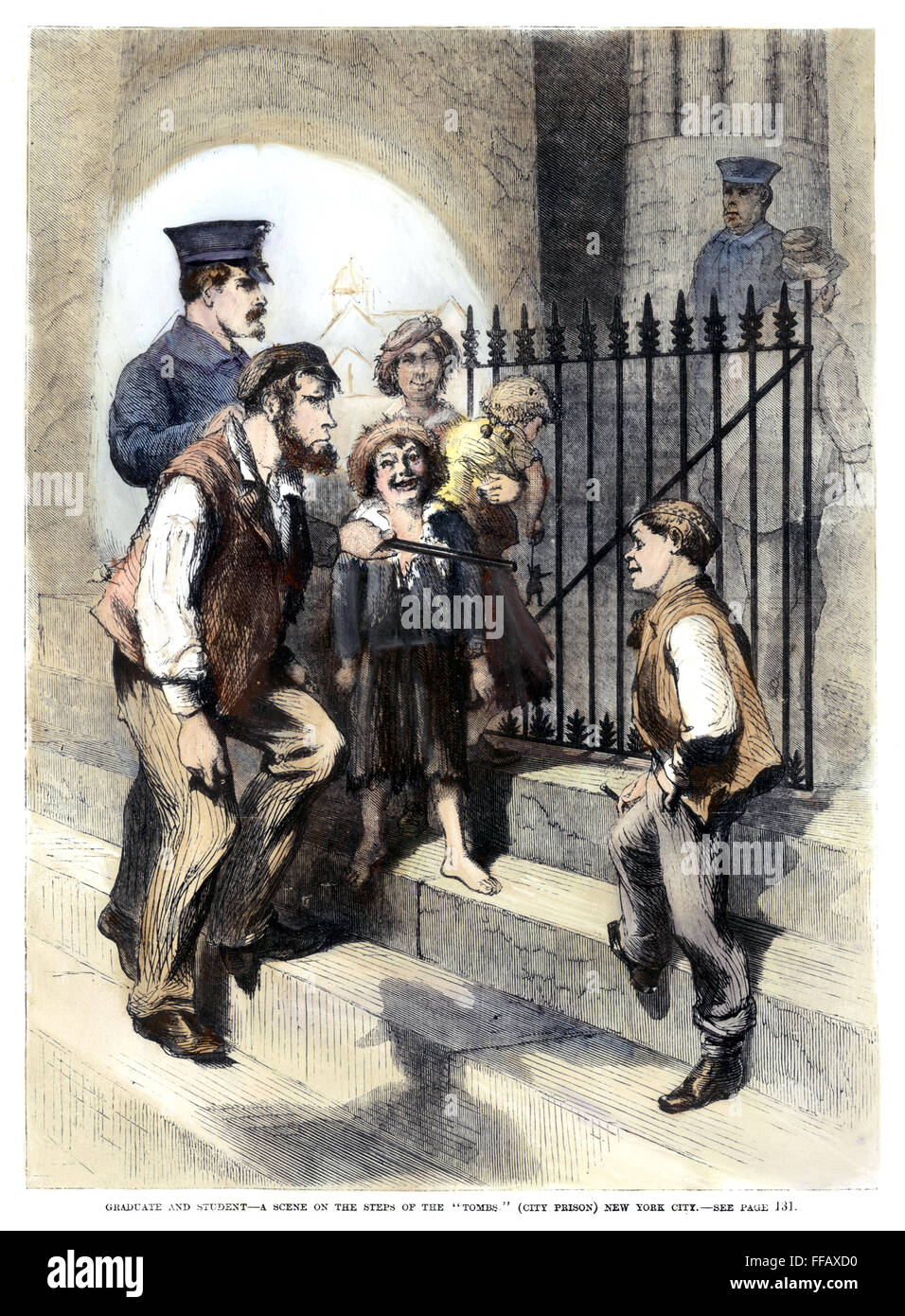 PRISON: THE TOMBS, 1868. /nScene on the steps of the Tombs, New York City: colored wood engraving, American, 1868. Stock Photo