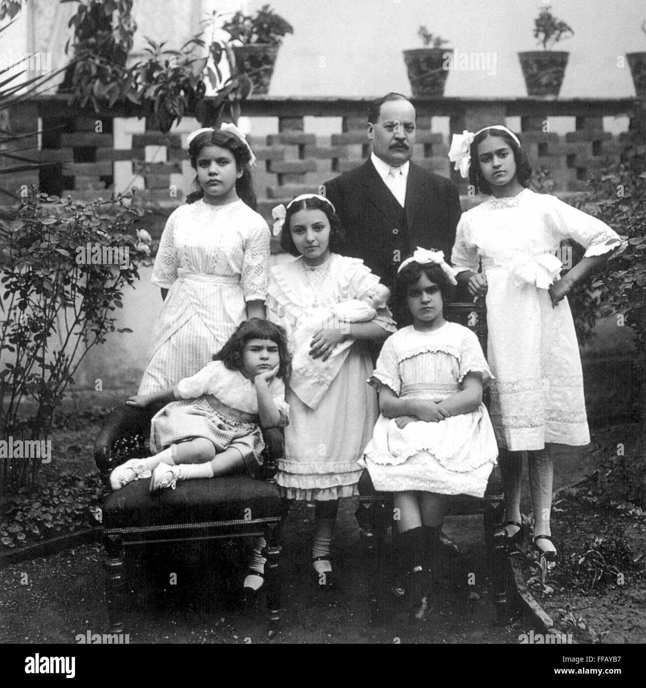 FRIDA KAHLO (1907-1954). /nMexican artist. Kahlo at age five (seated left), with her sisters Matilde and Adriana, two cousins, and an uncle. Photographed by Guillermo Kahlo, Coyoacan, Mexico, 1912. Stock Photo