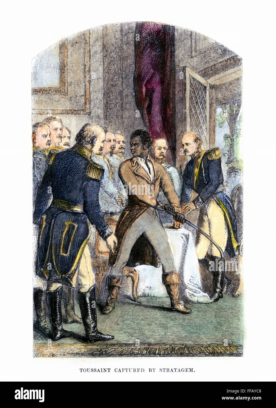 TOUSSAINT L'OUVERTURE /n(1743-1803). Pierre Dominique Toussaint L'Ouverture. Haitian general and liberator. L'Ouverture captured by French officers after accepting an offer to discuss peace terms, 7 June 1802. Wood engraving, 19th century. Stock Photo