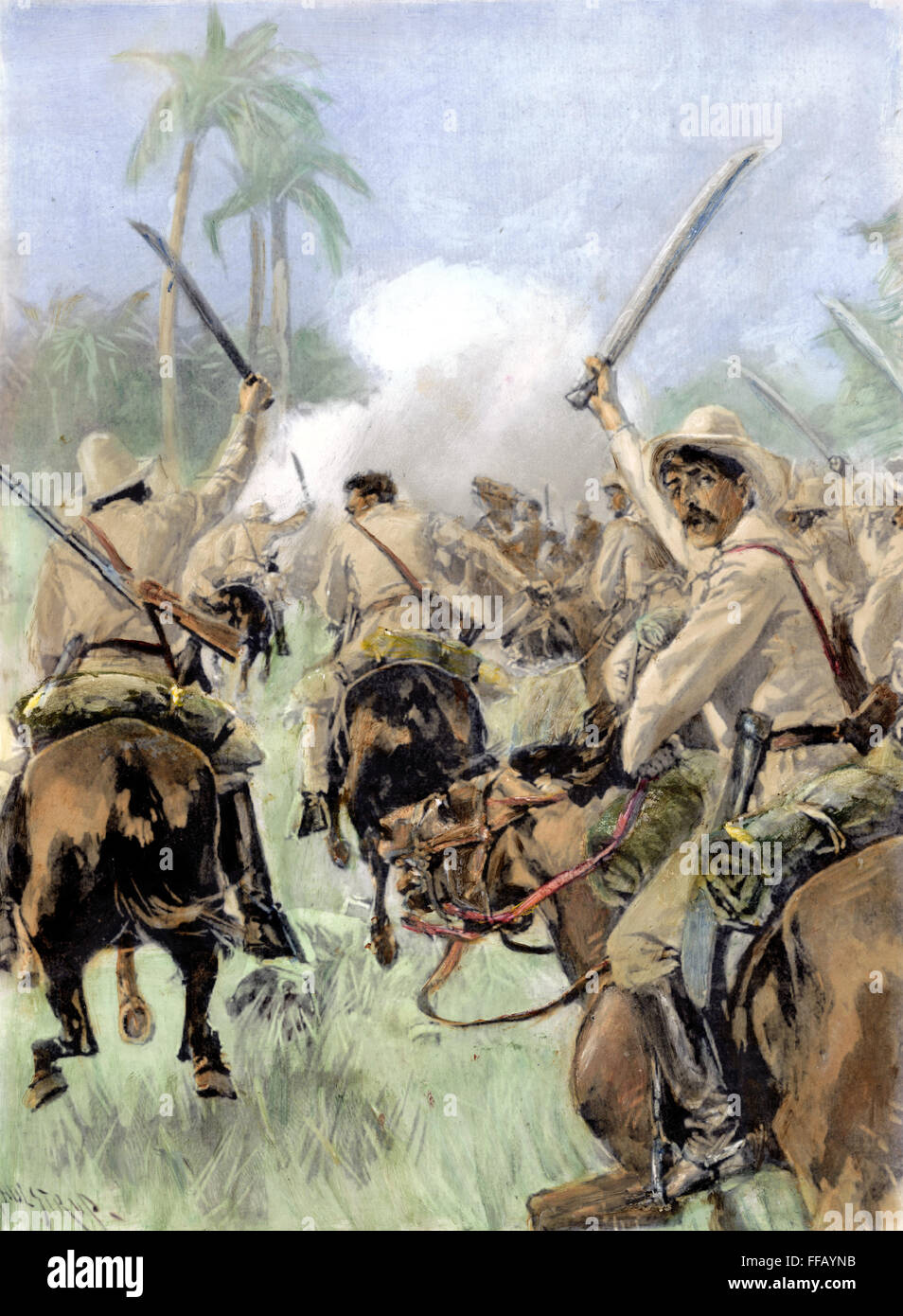 CUBA, 1896. /nInsurgent rebel cavalry armed with machetes charging Spanish regulars. Drawing by Thure de Thulstrup from an American newspaper, 1896. Stock Photo