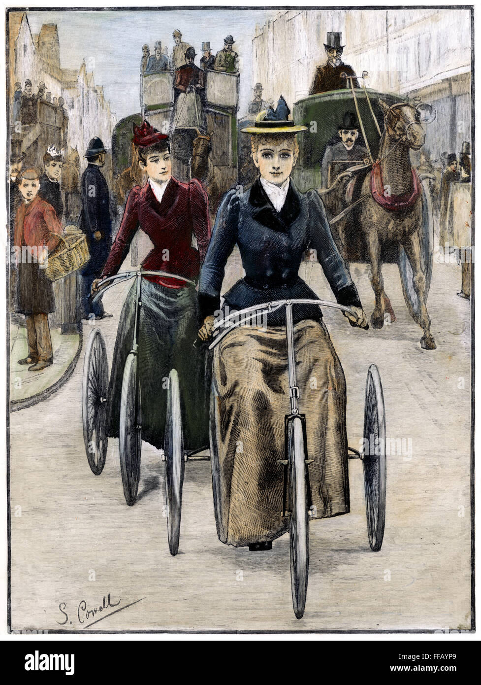 BICYCLING WOMEN, 1892. /nThe Rights of Women: 'Emancipation'. Colored wood engraving, American, 1892. Stock Photo