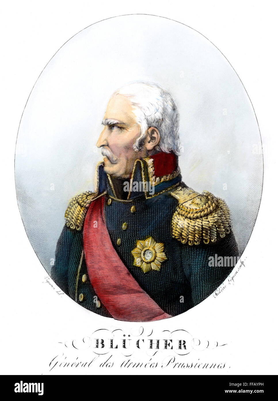GEBHARD L. von BLUCHER /n(1742-1819). Prussian field marshal. Colored line engraving, French, early 19th century. Stock Photo