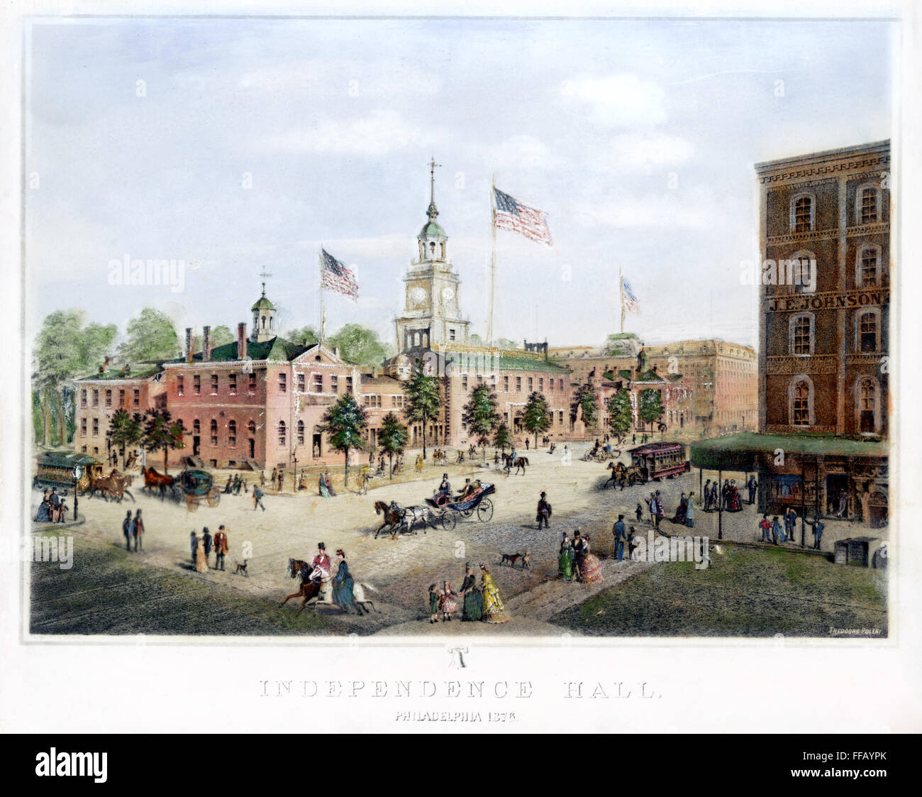 PHILADELPHIA, 1876. /nIndependence Hall and the surrounding area as they appeared in 1876: contemporary lithograph. Stock Photo