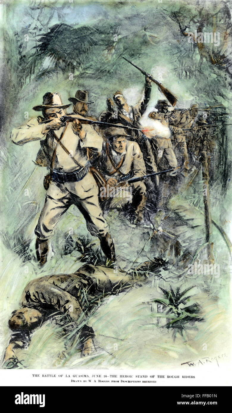 LAS GUASIMAS, CUBA, 1898. /nThe heroic stand of the Rough Riders at the battle of Las Guasimas, Cuba, on 24 June 1898; Colonel Theodore Roosevelt is seen second from left: colored contemporary drawing by W.A. Rogers. Stock Photo