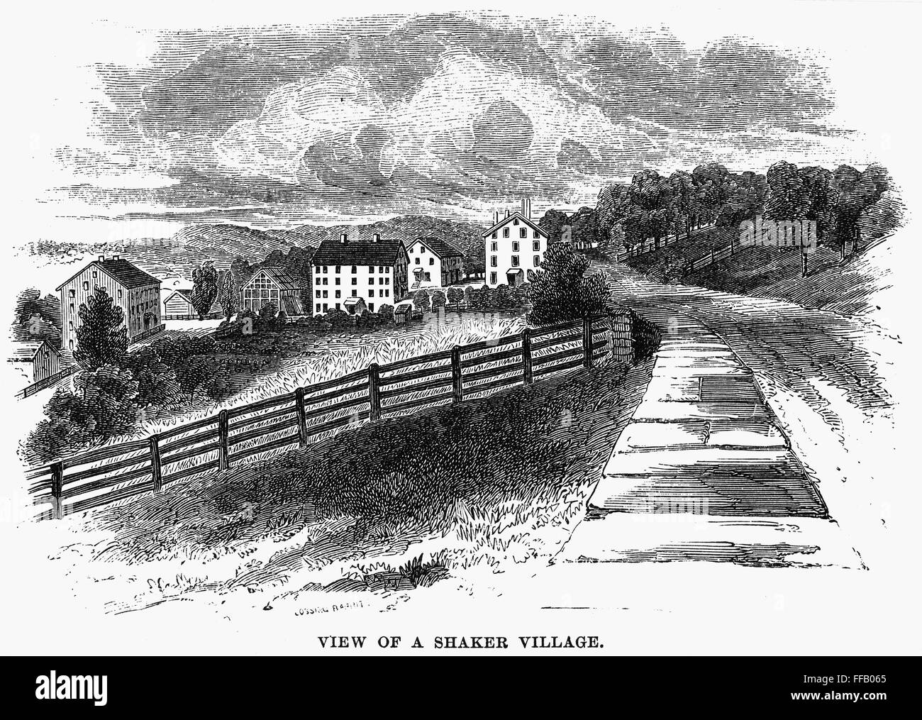 SHAKER VILLAGE, 1875. /nView of a Shaker village. Wood engraving, 1875