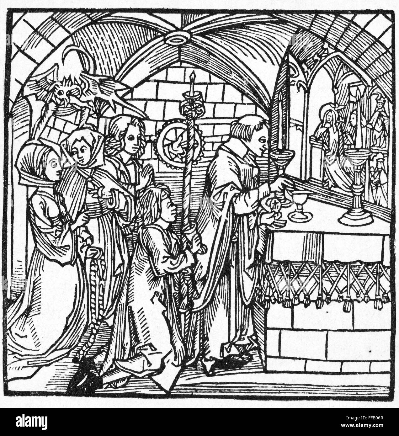 DEVIL, 1498. /nThe devil chattering to women during mass. Woodcut, German, 1498. Stock Photo
