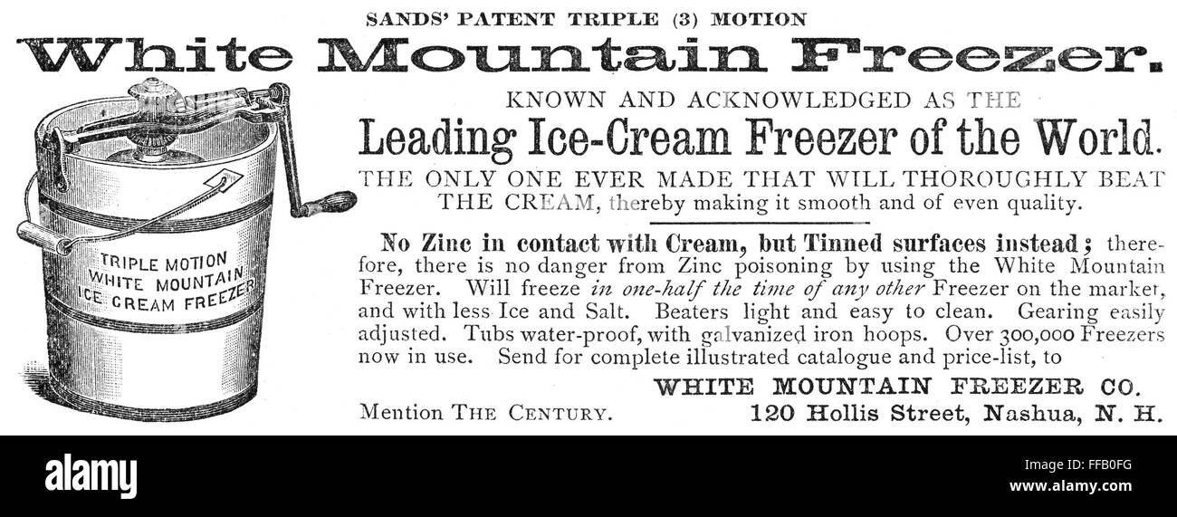 ICE CREAM FREEZER, 1887. /nAdvertisement for an American ice cream freezer. Line engraving, 1887