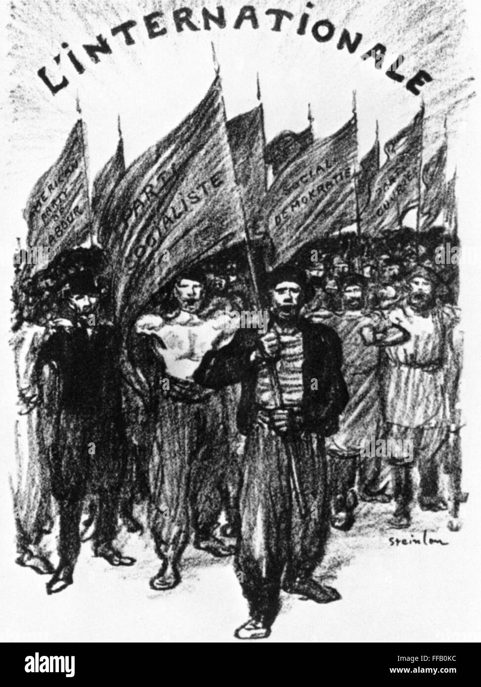 SOCIALISM, 1895. /nAn advancing army of workers carries the banners with the names of workers' parties from around the world. Lithograph, 1895, by ThΘophile Alexandre Steinlen, for an edition of the socialist hymn 'L'Internationale.' Stock Photo