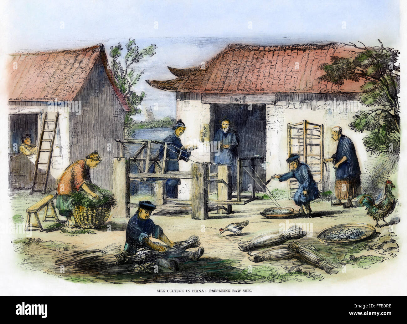 CHINA: SILK INDUSTRY, 1857. /nSilk culture in China. Wood engraving, English, 1857. Stock Photo