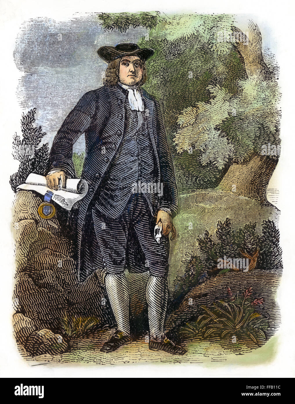 WILLIAM PENN (1644-1718). /nFounder of the colony of Pennsylvania. Wood engraving, early 19th century. Stock Photo