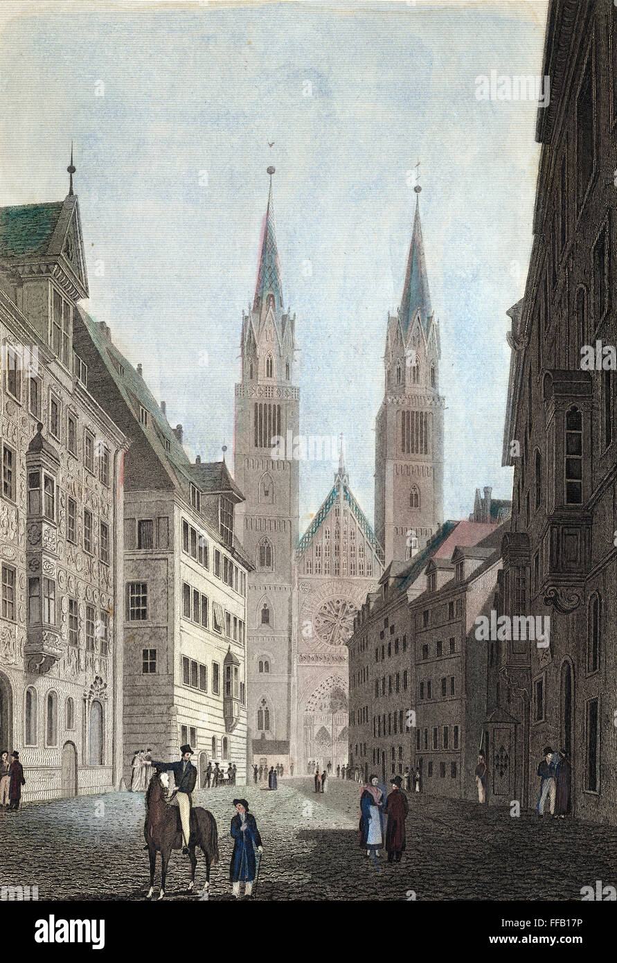 GERMANY: NUREMBERG, 1822. /nSt. Lorenz Kirche and Karolinen Strasse at Nuremberg, Germany. Steel engraving, 1822, after a drawing by Robert Batty. Stock Photo