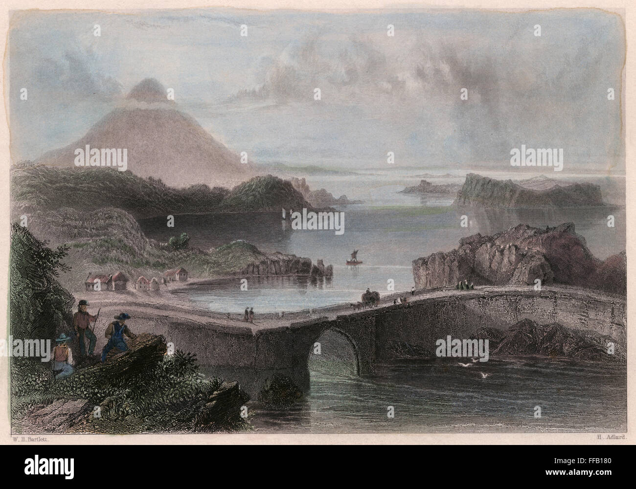 IRELAND, 19th CENTURY. /nA pontoon bridge over Lough Conn in County Mayo, Ireland. Steel engraving, English, c1840, after William Henry Barlett. Stock Photo