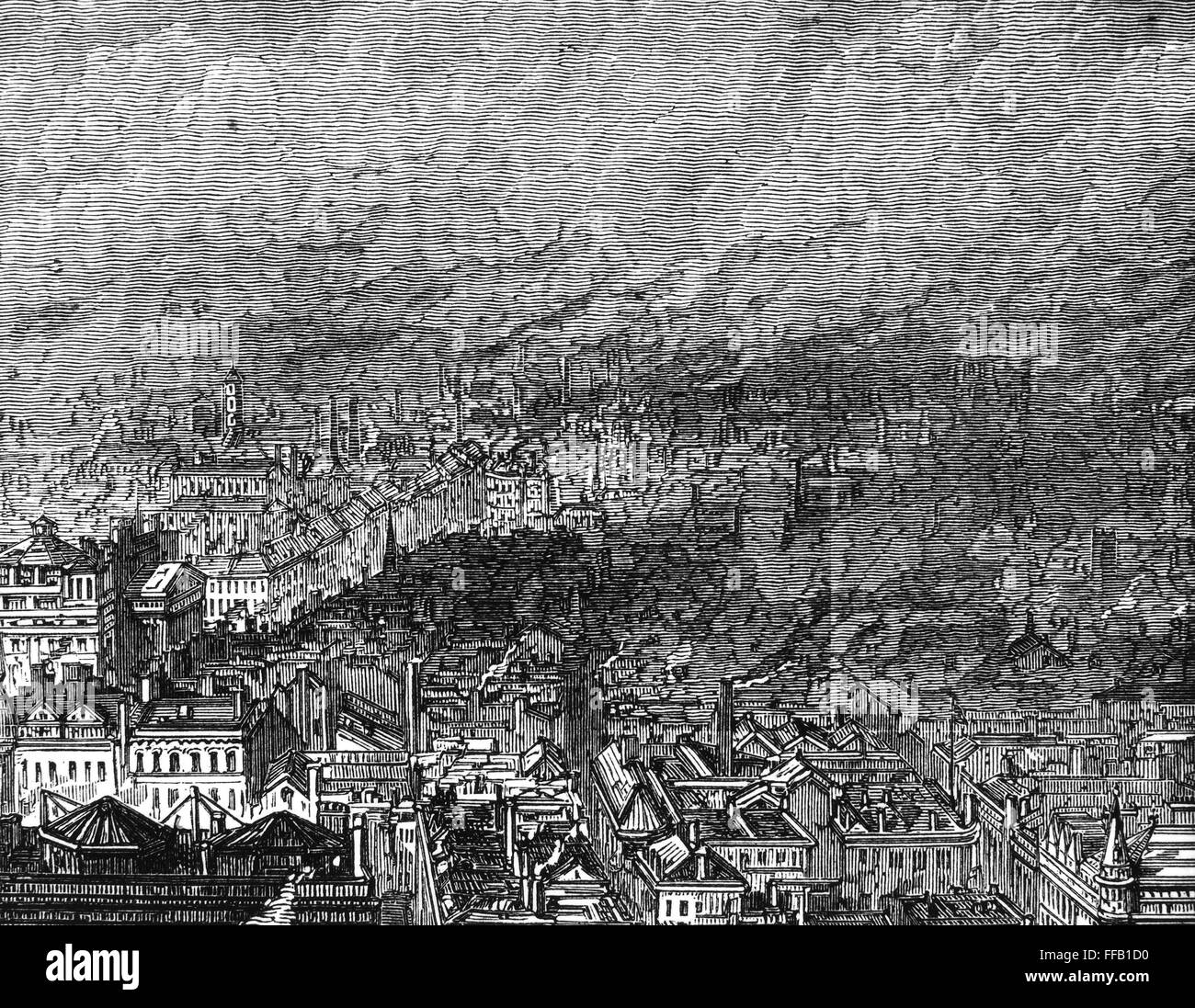 ENGLAND: MANCHESTER, 1876. /nA view of Manchester, England, and the continual pall of mill smoke over the city. Detail of a wood engraving, 1876. Stock Photo