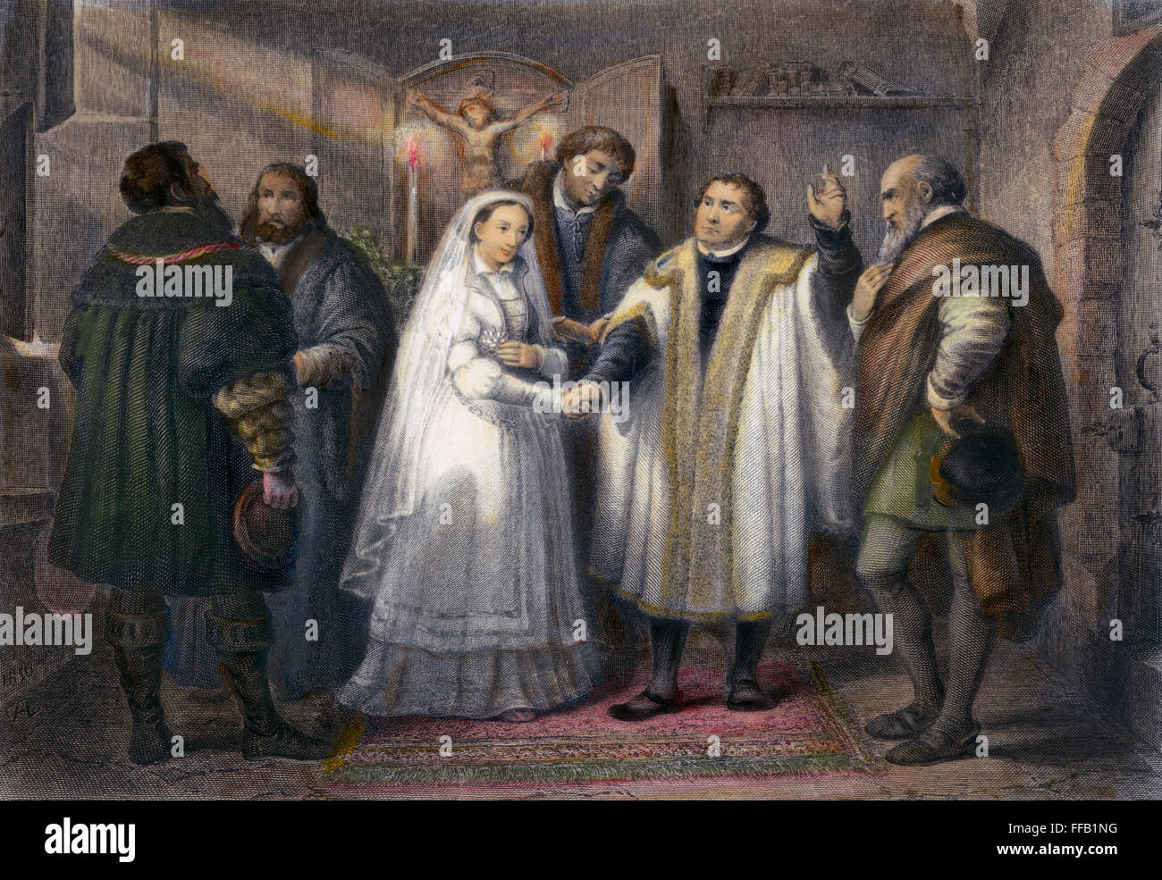 MARTIN LUTHER (1483-1546). /nGerman religious reformer. Luther's marriage to the former nun, Katharina von Bora, in 1525. Steel engraving, 19th cetury. Stock Photo