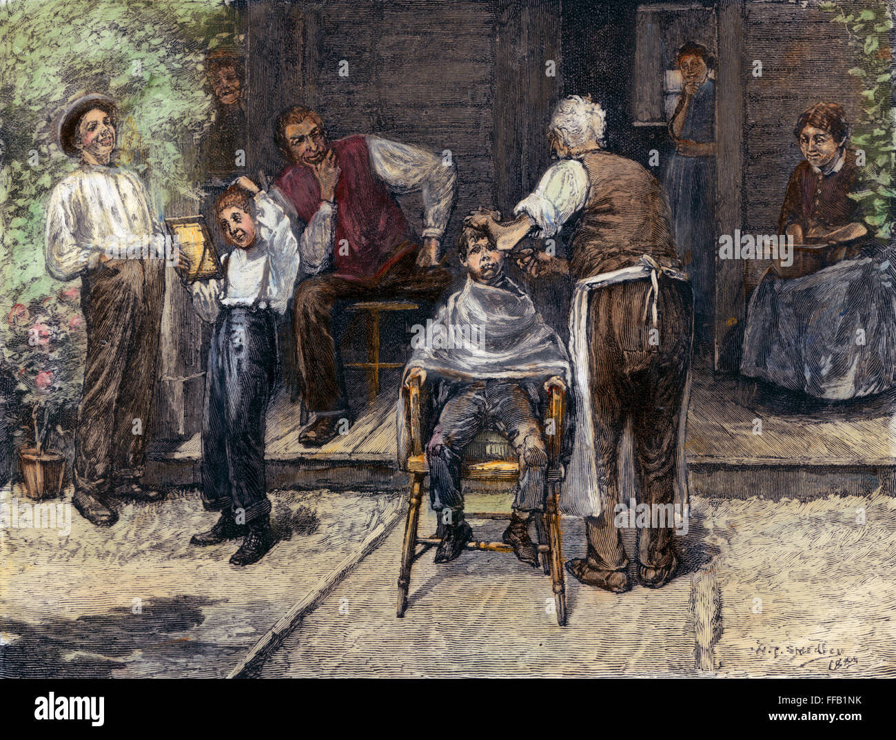 THE VILLAGE BARBER, 1883. /nWood engraving, American, 1883, after a drawing by William Thomas Smedley. Stock Photo