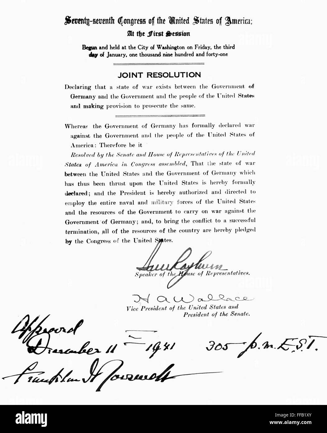 WORLD WAR II DECLARATION. /nThe Joint Resolution signed by President