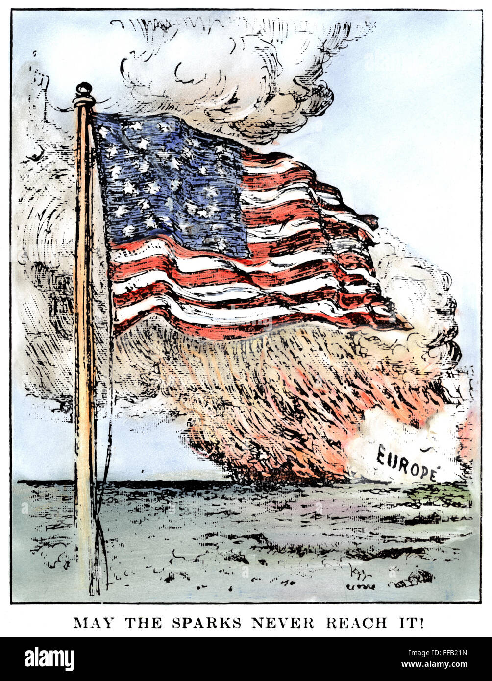 WORLD WAR I CARTOON, c1915. /n'May the Sparks Never Reach It!'. Cartoon by Oscar Cesare from The Sun newspaper from New York, c1915, expressing hope that the United States could avoid participating in the conflict then raging in Europe. Stock Photo
