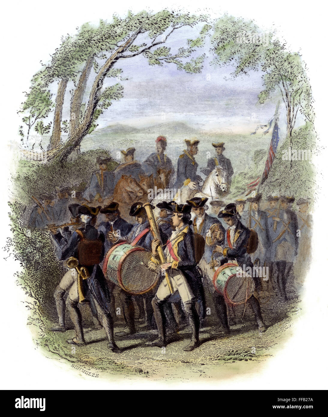 CONTINENTAL ARMY BAND. /nMarching band in the Continental Army during the American Revolutionary War. Colored engraving, c1850, by Karl Hermann Schmolze. Stock Photo