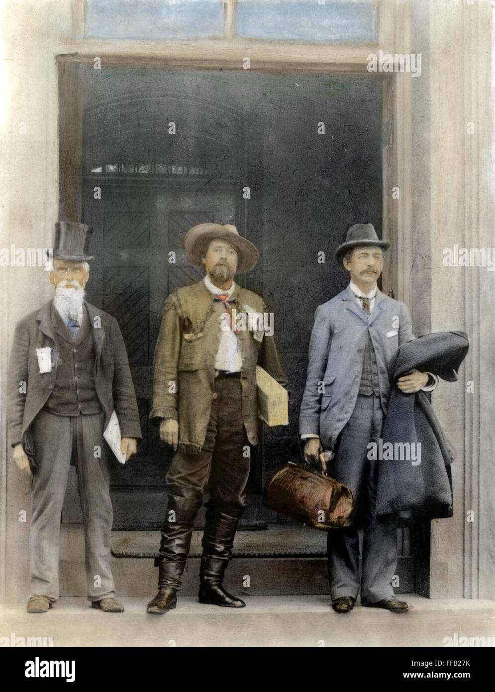 JACOB COXEY, 1894. /nCoxey (right) with his followers Columbus Jones (left) and Carl Browne leaving the Washington, D.C., district jail on 10 June 1894 after serving twenty days for trespassing. Oil over a photograph. Stock Photo