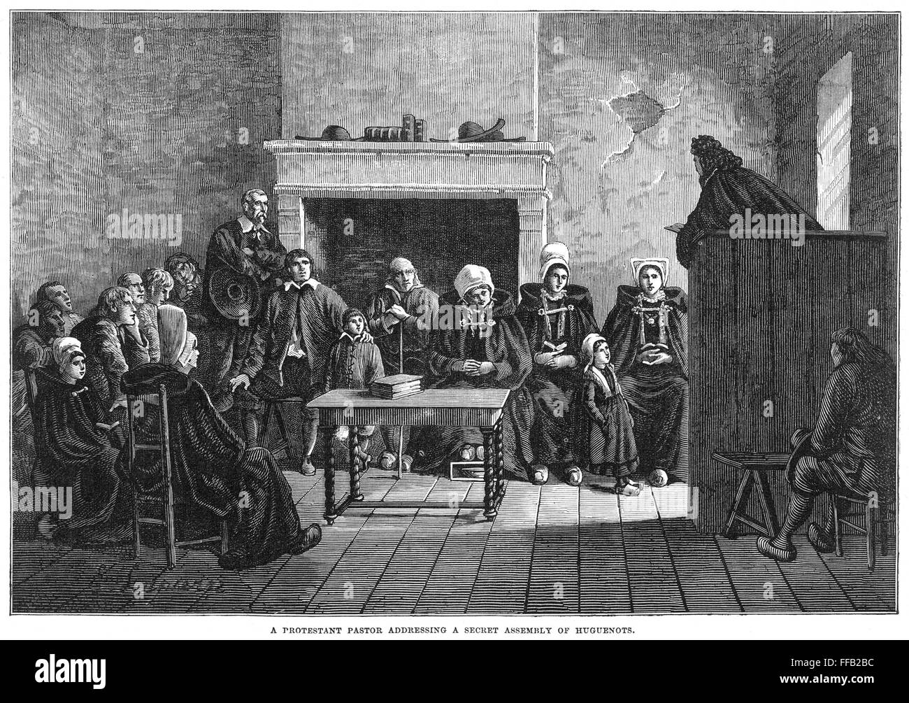 HUGUENOT ASSEMBLY, 1685. /n'A Protestant Pastor Addressing a Secret