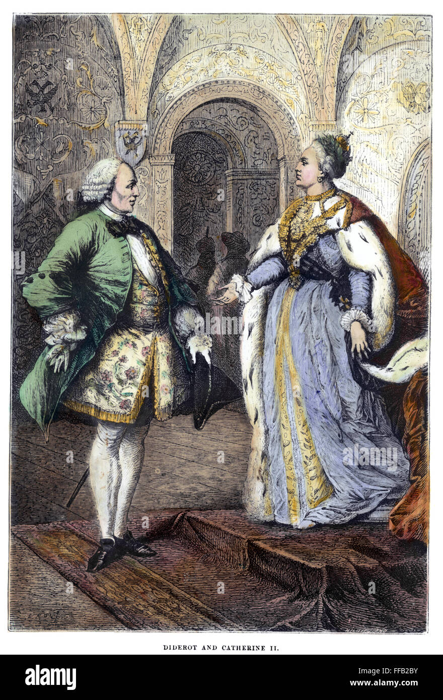 DENIS DIDEROT (1713-1784). /nFrench encyclopedist and philosopher. With Catherine the Great at St. Petersburg in 1773-74. Colored engraving, 19th century. Stock Photo