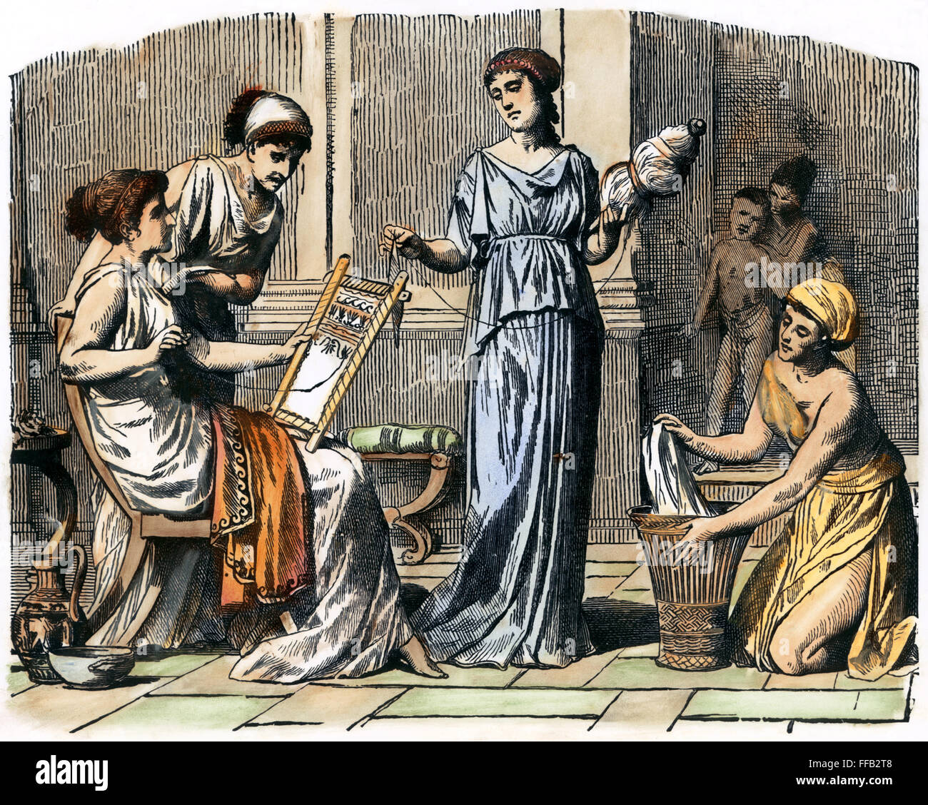 WOMEN OF ANCIENT GREECE /nperforming household chores. Wood engraving, late 19th century. Stock Photo