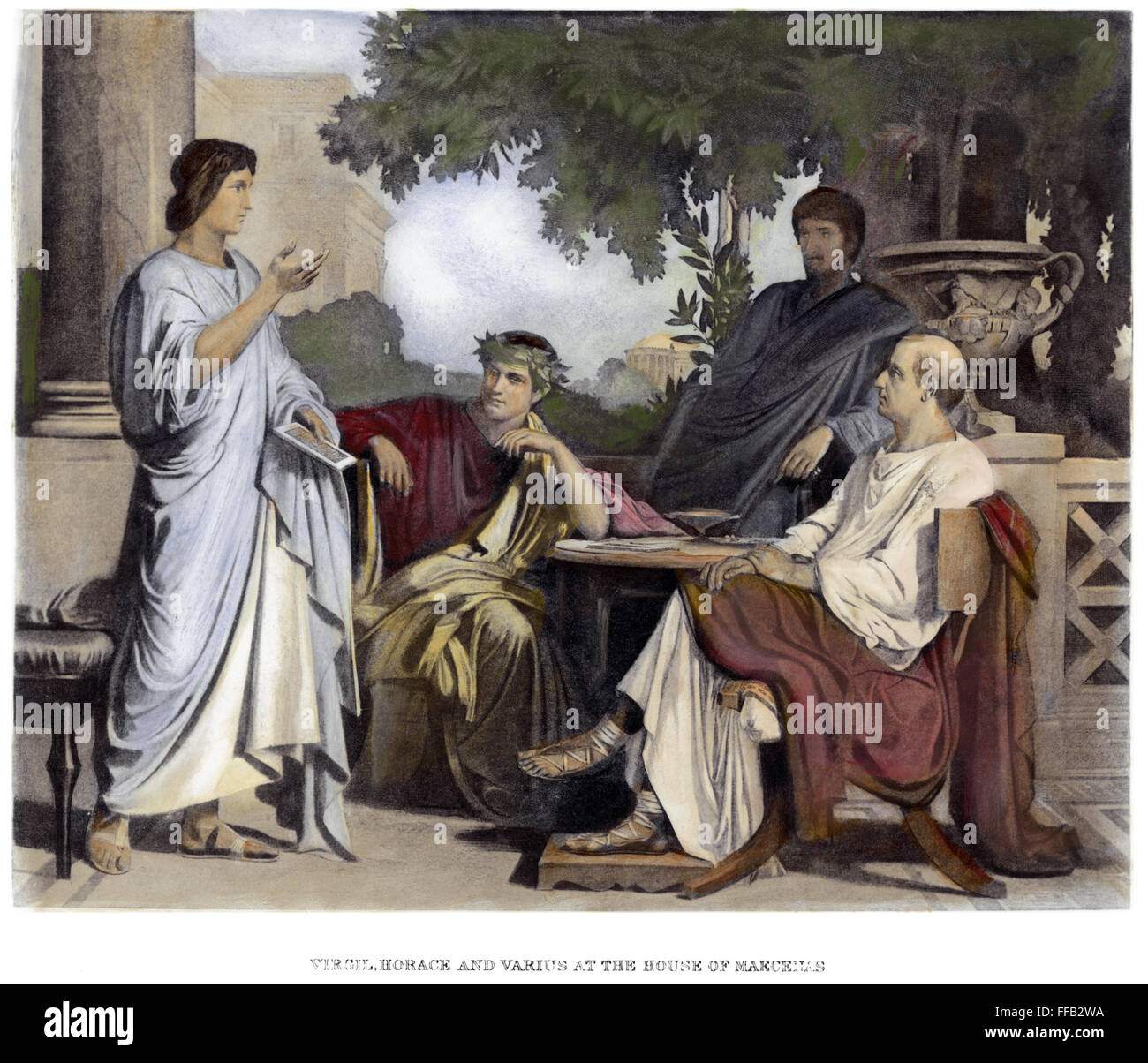 VIRGIL (70-19 B.C.). /nRoman poet. Virgil, Horace, and Varius (left to right) at the house of their patron, Maecenas (right): photogravure, late 19th century, after a painting by Charles Franτois Jalabert. Stock Photo