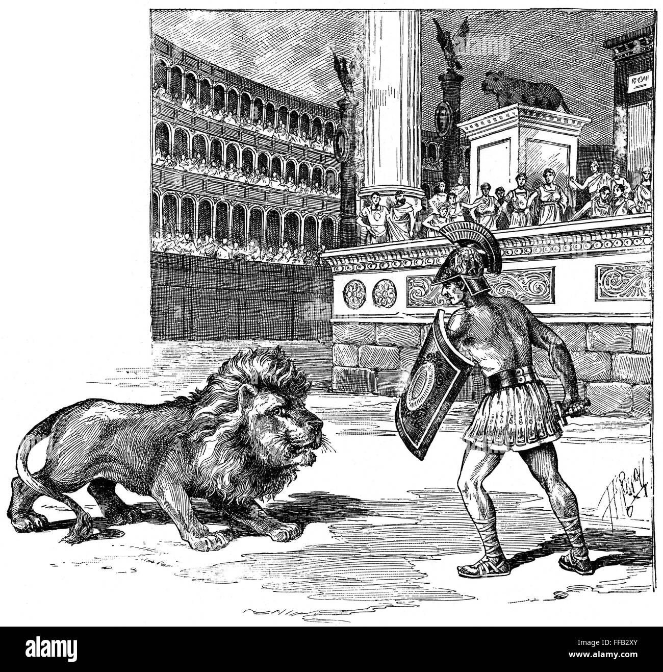 LION & GLADIATOR. /nContest between a lion and a condemned criminal in the arena in ancient Rome. Line engraving, American, 1892. Stock Photo