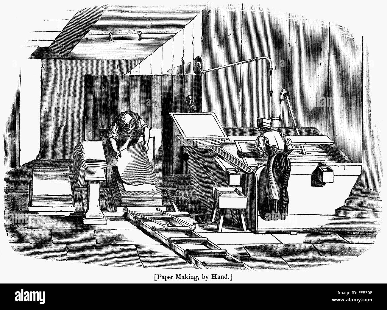 PAPERMAKING, 1833. /n'Paper making by hand.' Wood engraving, English, 1833 Stock Photo Alamy