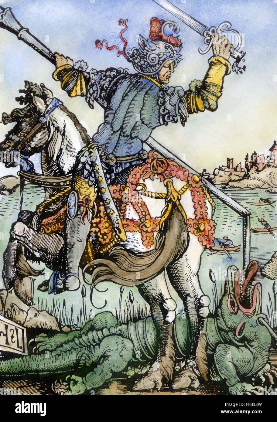 ST. GEORGE AND THE DRAGON. /nGerman woodcut, c1525, by Hans Leinberger. Stock Photo